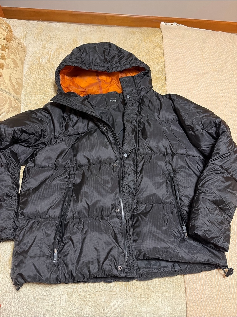 Boss porche Black Hooded Puffer Jacket with Orange Lining